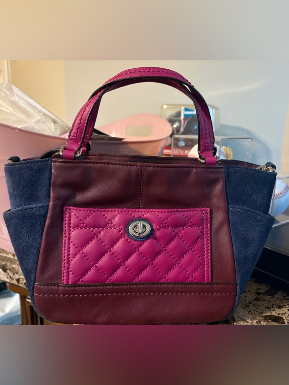 Coach Two-Tone Navy, Burgundy & Pink Quilted Leather & Suede Tote